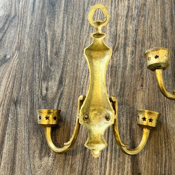 Vintage Solid Brass Double Candle Holder Wall Sconces Made in India Star Motif - Picture 5 of 10